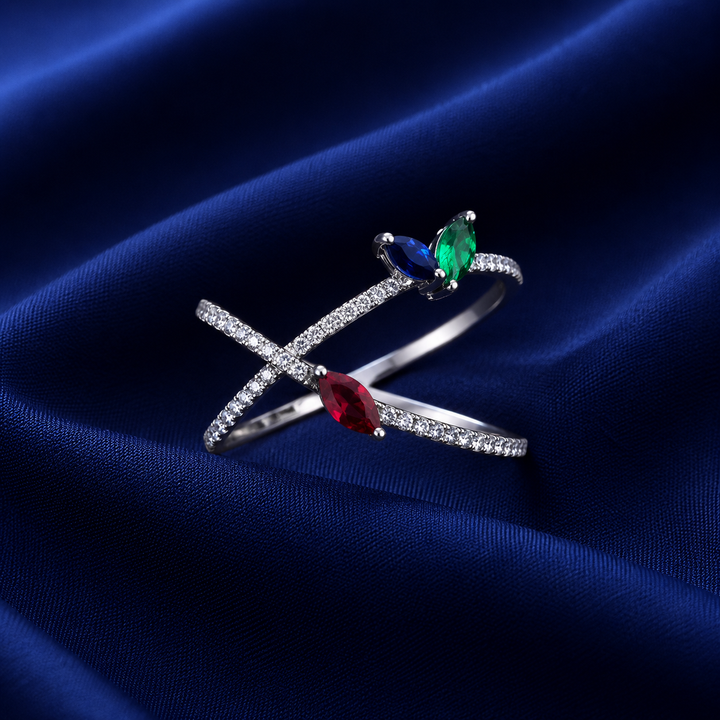 Sterling Silver Multicolour Marquise Cross Ring for Women - Silver Finish - alternate view 2