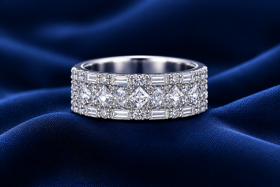 Sterling Silver Wide Baguette Pavé Band for Women - Silver Finish - front view