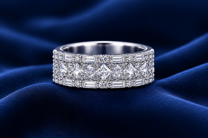 Sterling Silver Wide Baguette Pavé Band for Women - Silver Finish - front view