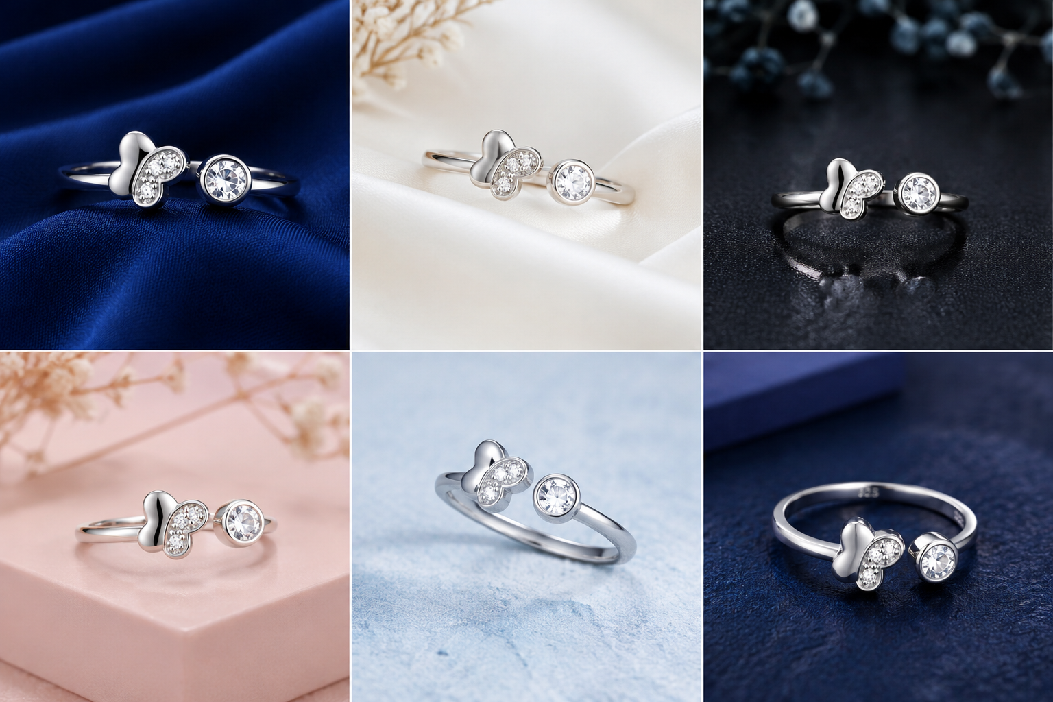 Sterling Silver Butterfly Solitaire Open Ring for Women - Silver Finish - front view