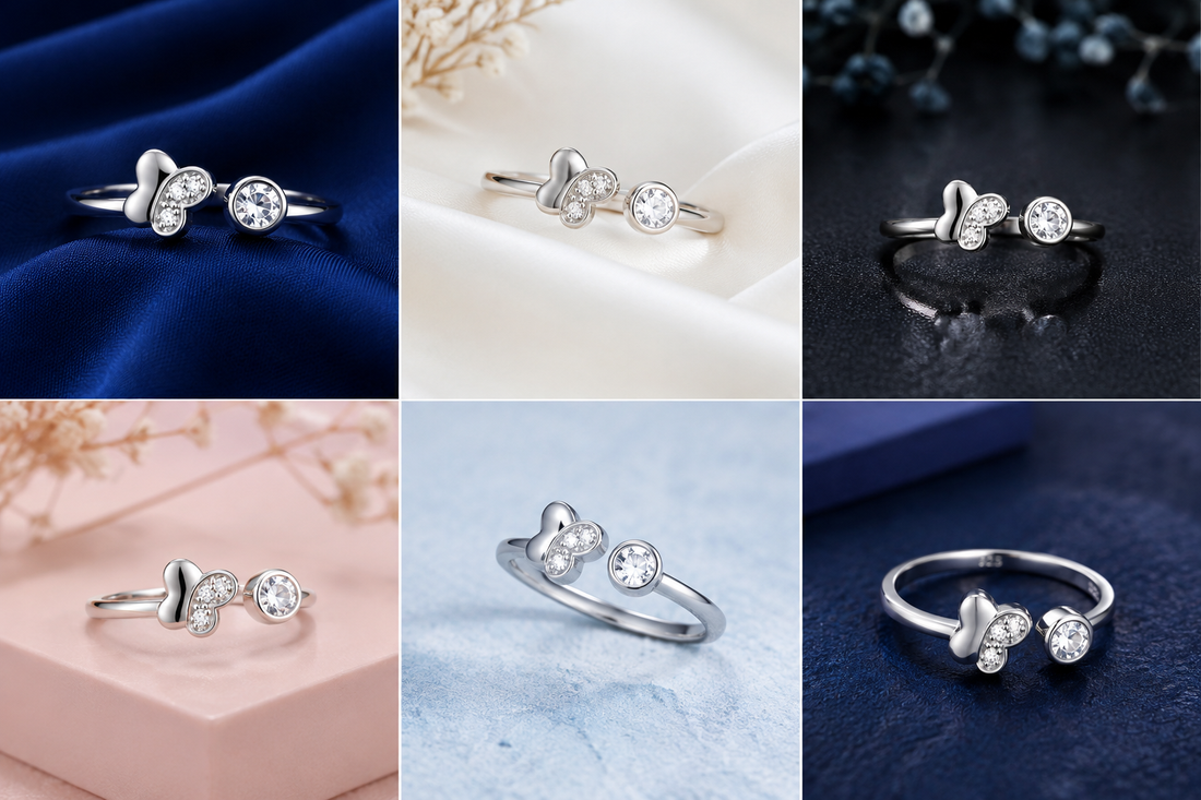 Sterling Silver Butterfly Solitaire Open Ring for Women - Silver Finish - front view
