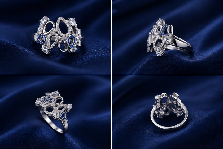 Sterling Silver Blue Floral Cluster Ring for Women - Silver Finish - front view