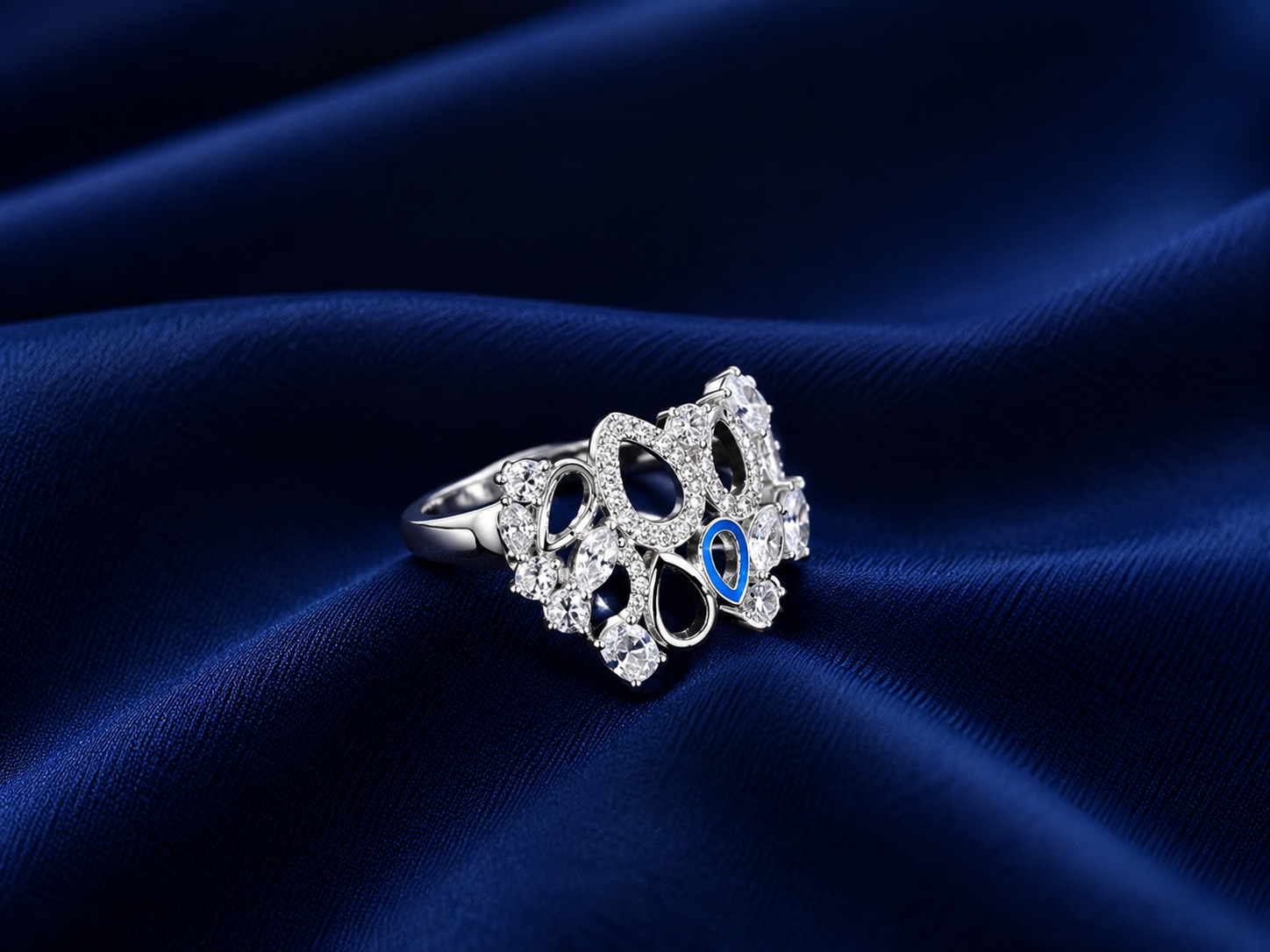 Sterling Silver Blue Floral Cluster Ring for Women - Silver Finish - alternate view 2