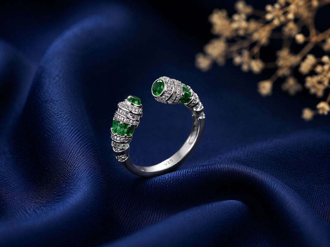 Sterling Silver Green End-Cap Open Ring for Women - Silver Finish - front view