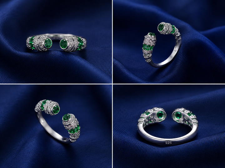 Sterling Silver Green End-Cap Open Ring for Women - Silver Finish - alternate view 2