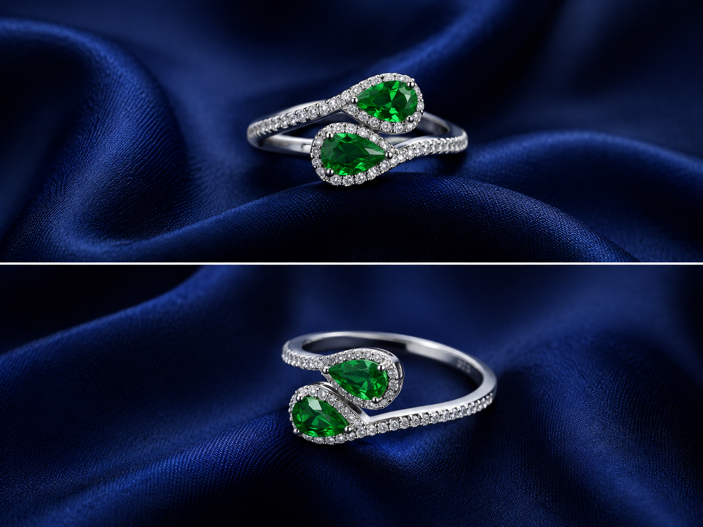 Sterling Silver Green Twin-Pear Bypass Ring for Women - Silver Finish - alternate view 2