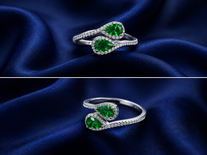 Sterling Silver Green Twin-Pear Bypass Ring for Women - Silver Finish - alternate view 2