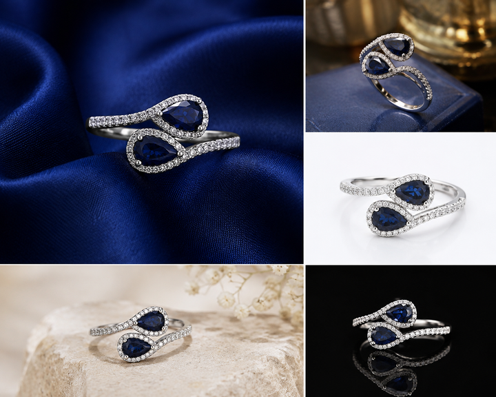 Sterling Silver Blue Pear Infinity Ring for Women - Silver Finish - front view