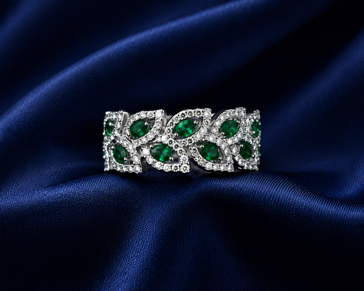 Sterling Silver Green Leaf Lattice Band for Women - Silver Finish - front view