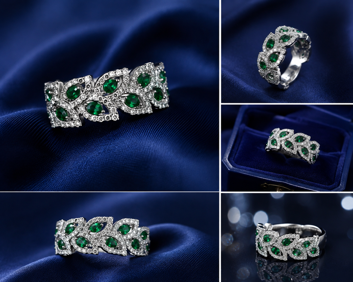 Sterling Silver Green Leaf Lattice Band for Women - Silver Finish - alternate view 2
