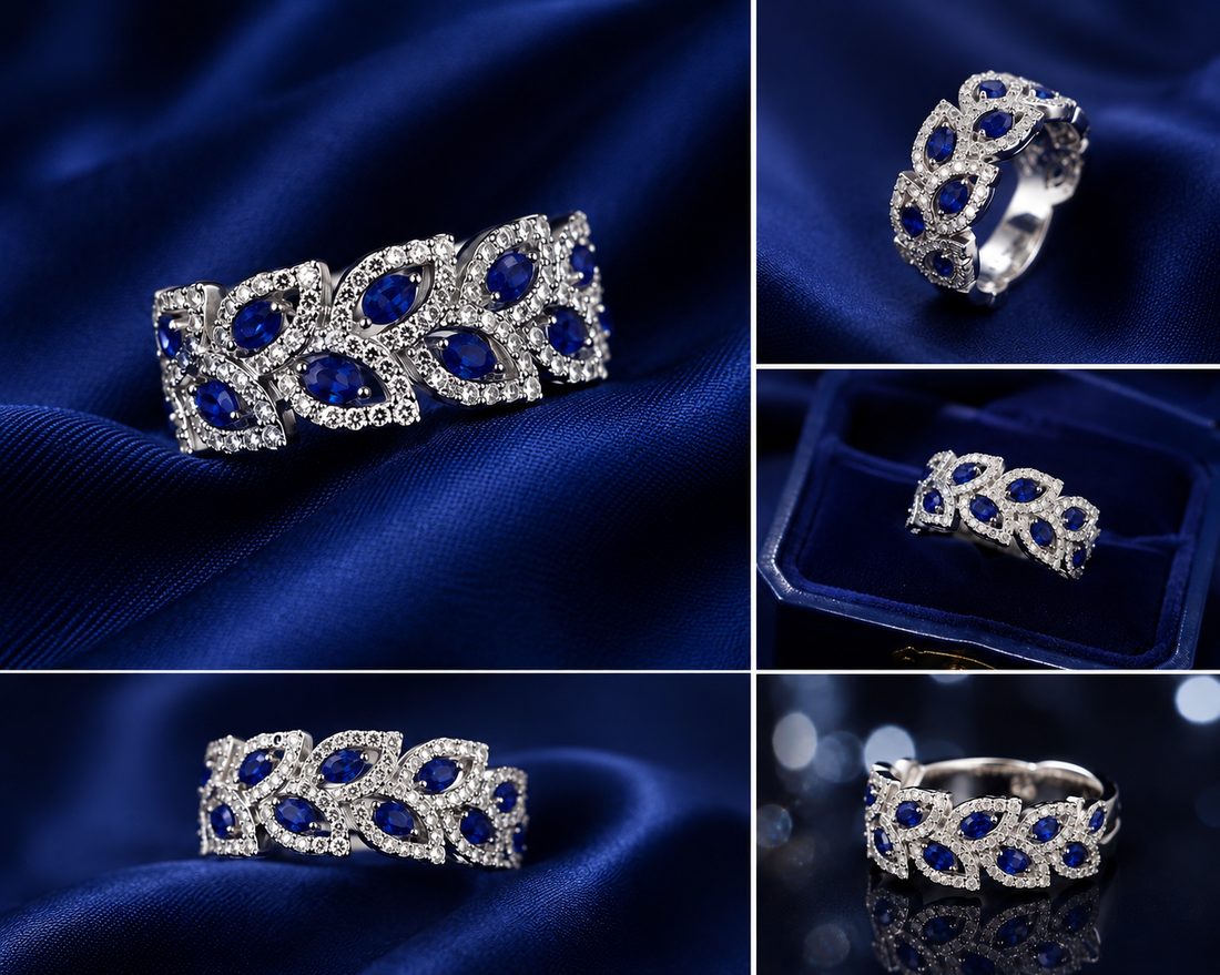 Sterling Silver Blue Leaf Lattice Band for Women - Silver Finish - front view