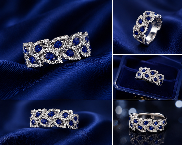 Sterling Silver Blue Leaf Lattice Band for Women - Silver Finish - front view