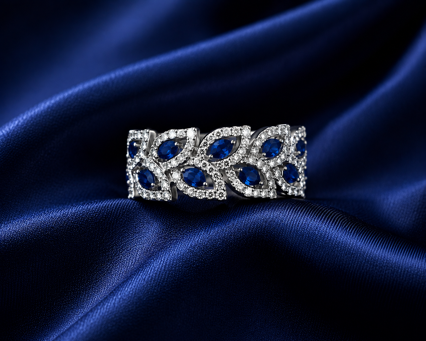 Sterling Silver Blue Leaf Lattice Band for Women - Silver Finish - alternate view 2