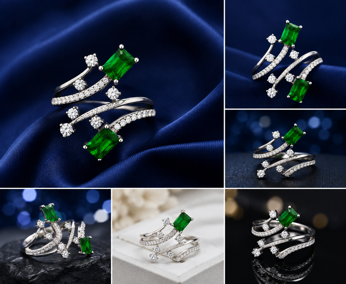 Sterling Silver Green Emerald Crisscross Ring for Women - Silver Finish - front view