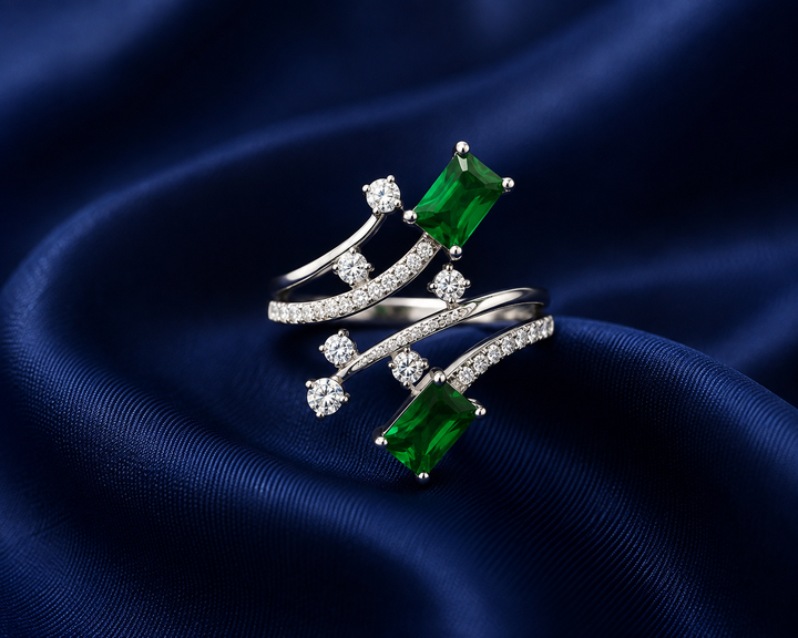Sterling Silver Green Emerald Crisscross Ring for Women - Silver Finish - alternate view 2