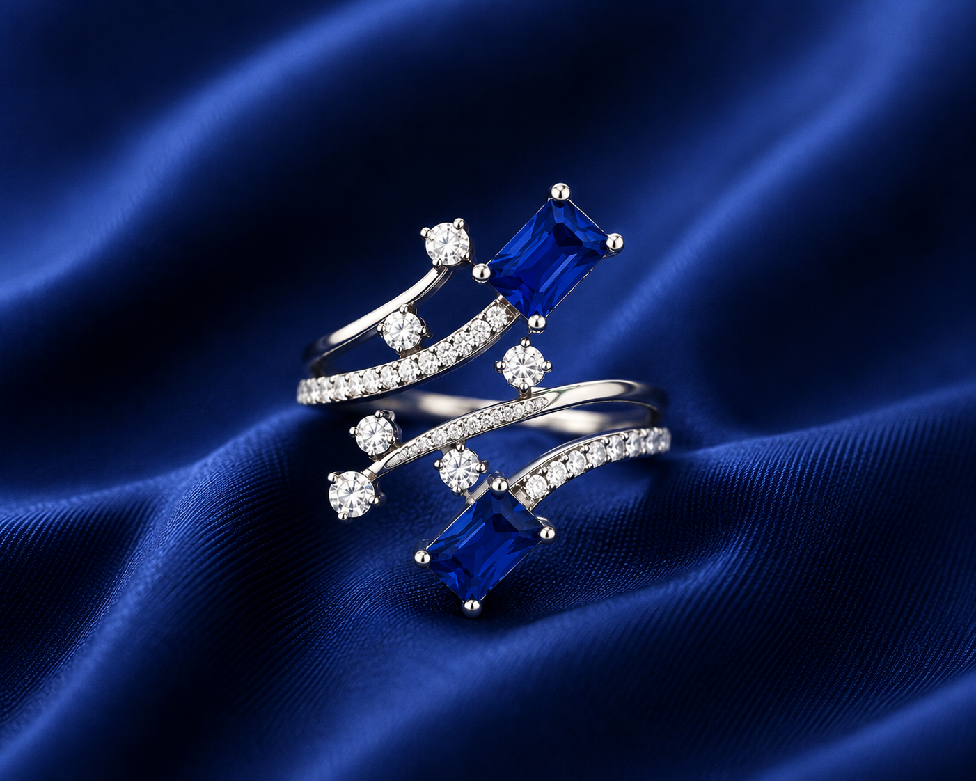 Sterling Silver Blue Emerald Crisscross Ring for Women - Silver Finish - front view