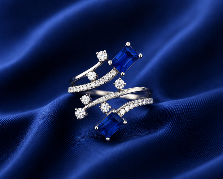 Sterling Silver Blue Emerald Crisscross Ring for Women - Silver Finish - front view