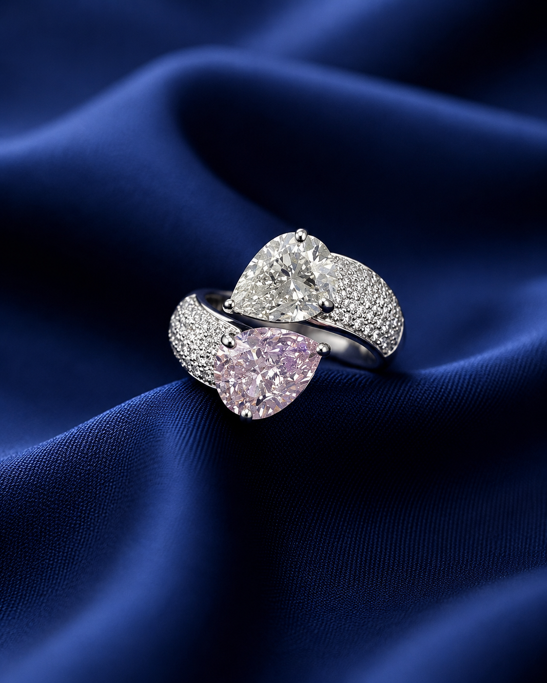 Sterling Silver Pink and White Twin-Pear Ring for Women - Silver Finish - front view