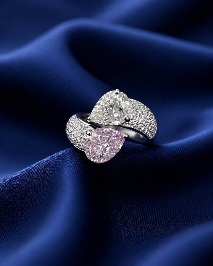 Sterling Silver Pink and White Twin-Pear Ring for Women - Silver Finish - front view