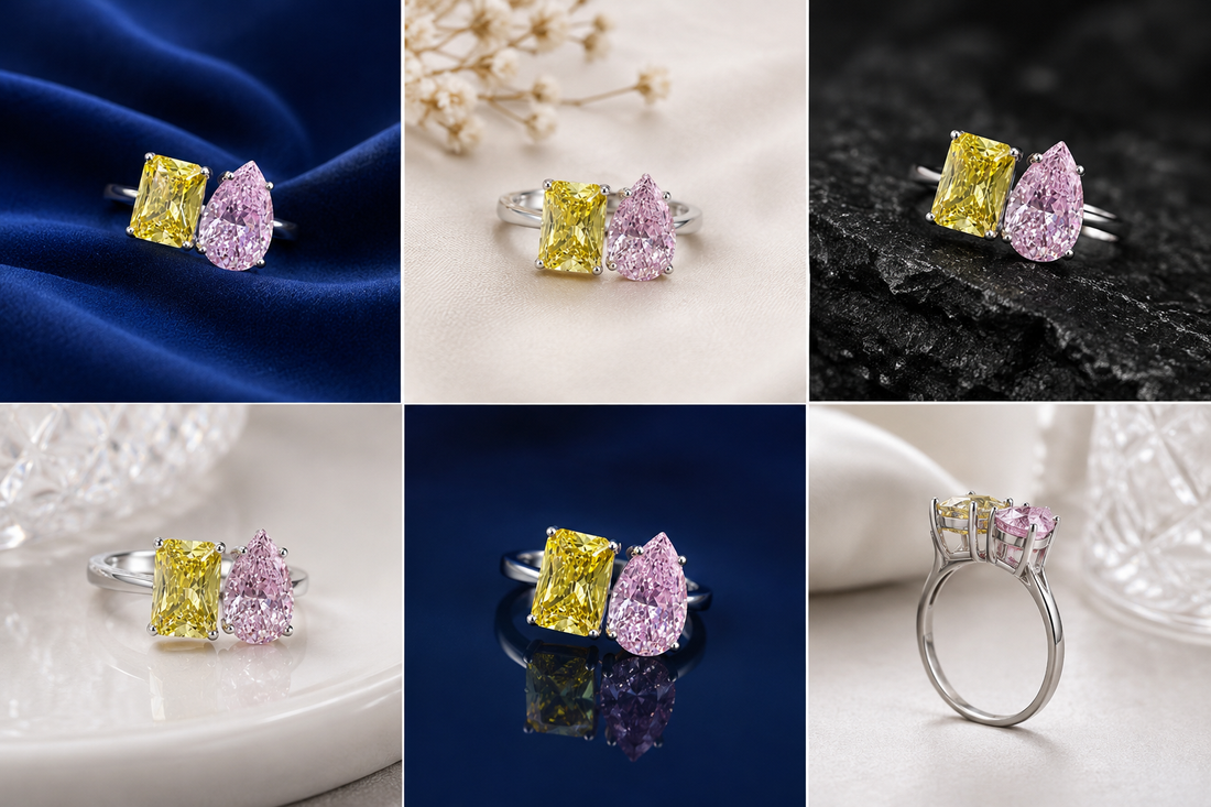 Sterling Silver Yellow and Pink Twin-Stone Ring for Women - Silver Finish - front view