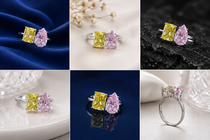 Sterling Silver Yellow and Pink Twin-Stone Ring for Women - Silver Finish - front view