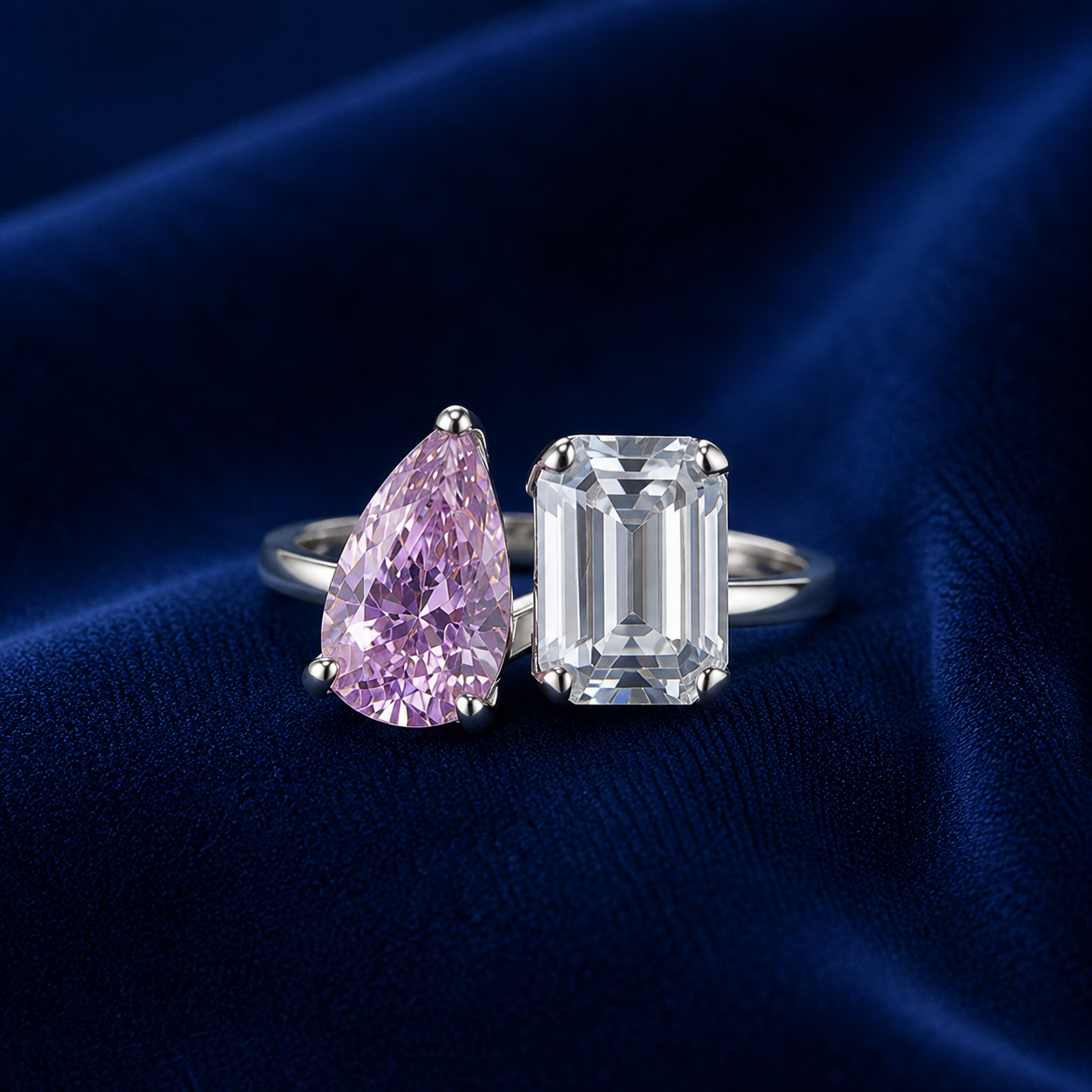 Sterling Silver Pink Pear and Emerald-Cut Ring for Women - Silver Finish - front view