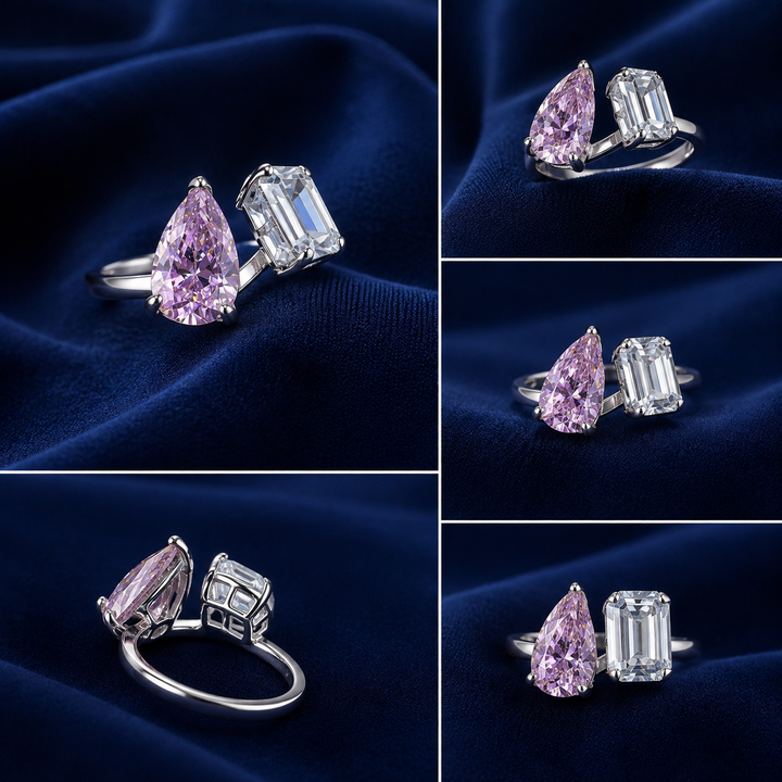 Sterling Silver Pink Pear and Emerald-Cut Ring for Women - Silver Finish - alternate view 2