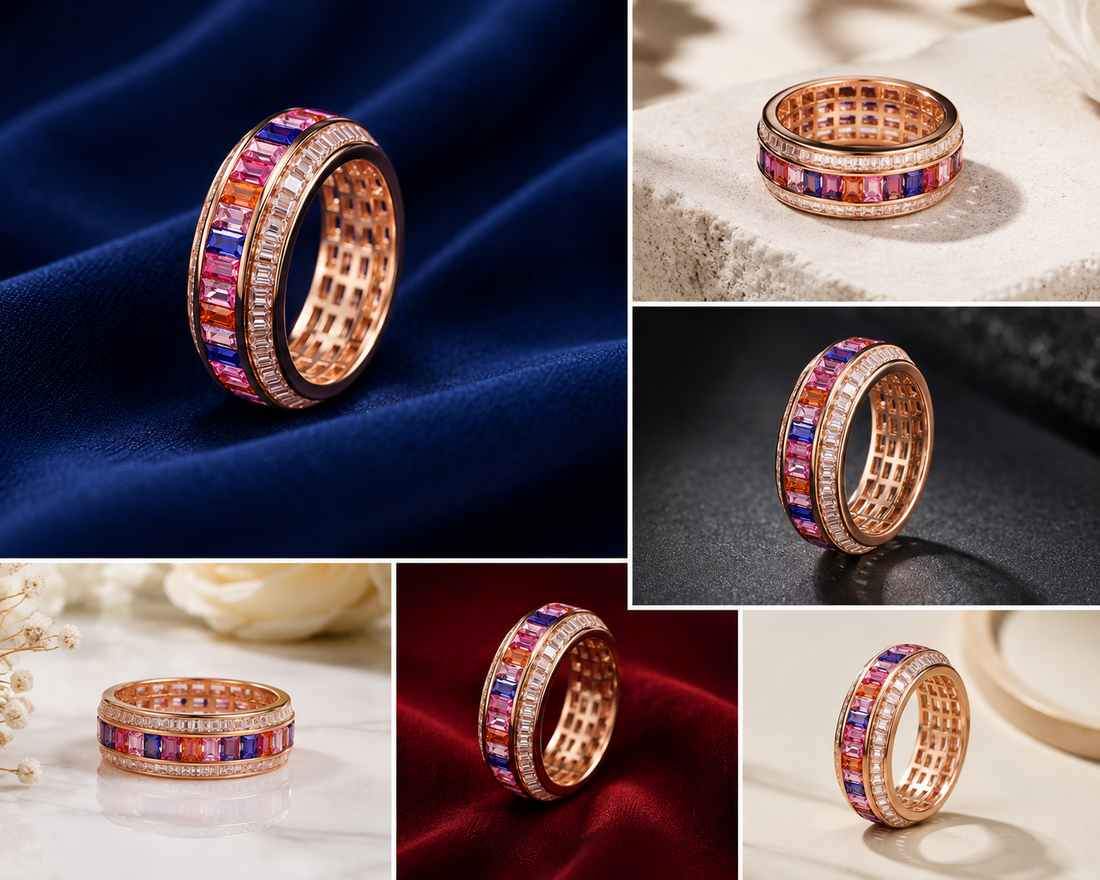 Sterling Silver Rose Gold Multicolour Channel Band for Women - Rose Gold Finish - front view