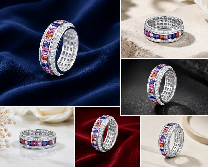 Sterling Silver Silver Multicolour Channel Band for Women - Silver Finish - front view
