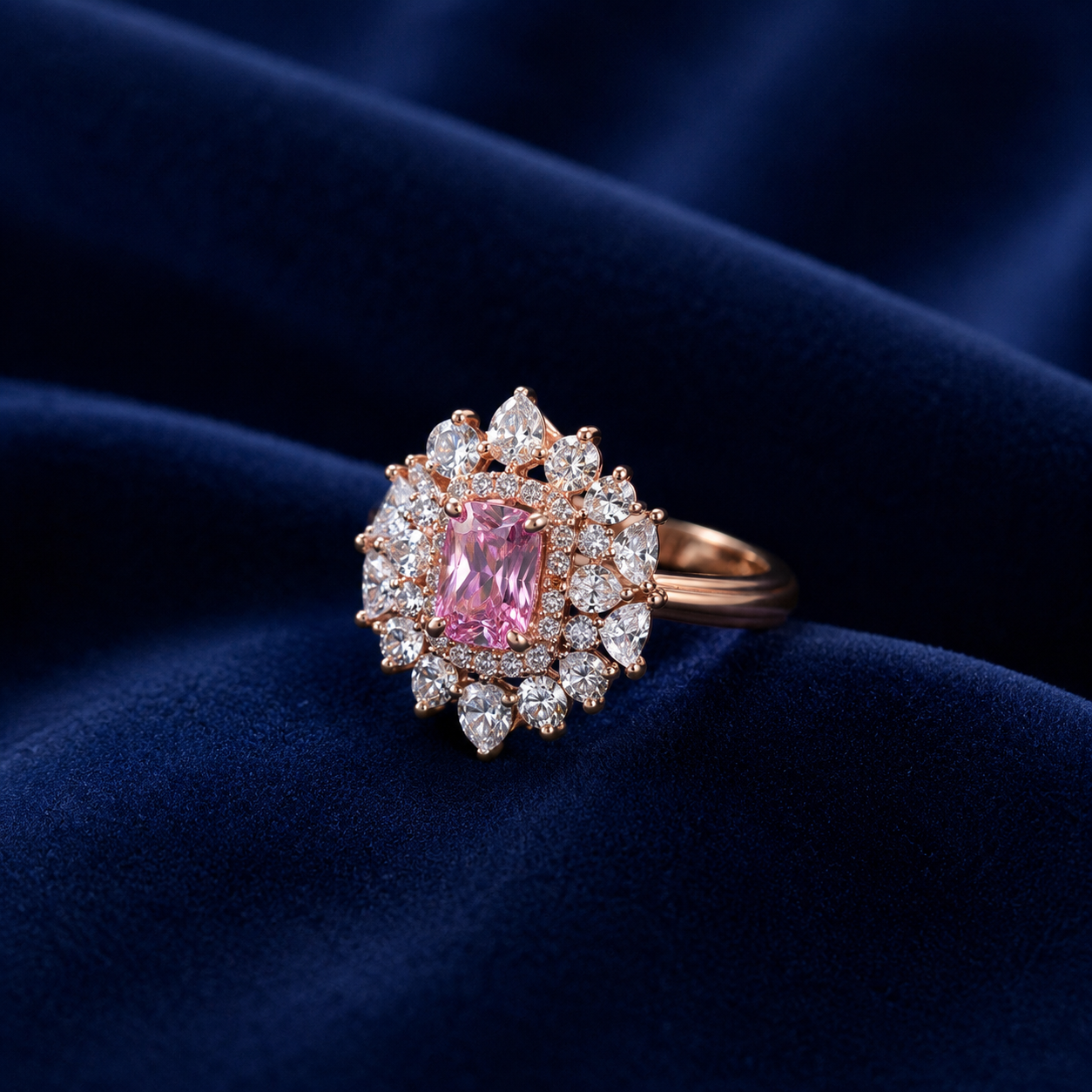 Sterling Silver Pink Cushion Halo Cocktail Ring for Women - Silver Finish - front view