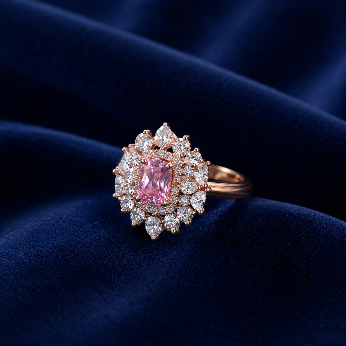 Sterling Silver Pink Cushion Halo Cocktail Ring for Women - Silver Finish - front view