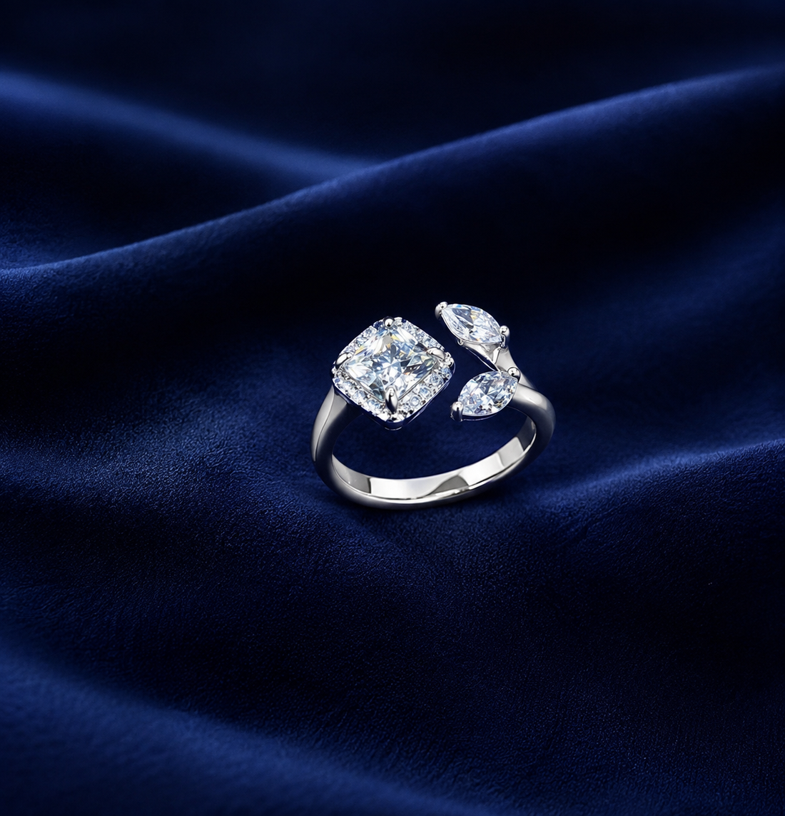 Sterling Silver Square and Marquise Open Ring for Women - Silver Finish - front view