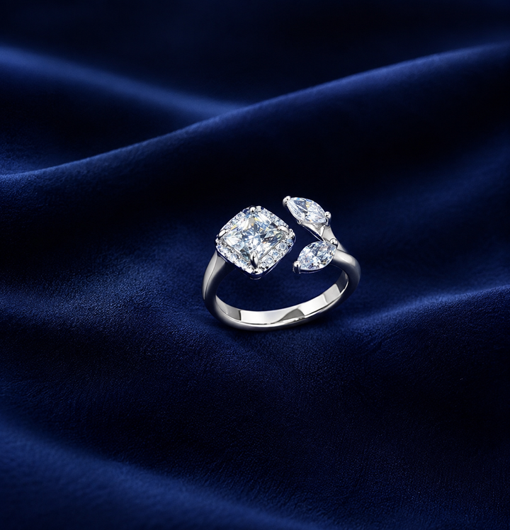 Sterling Silver Square and Marquise Open Ring for Women - Silver Finish - front view