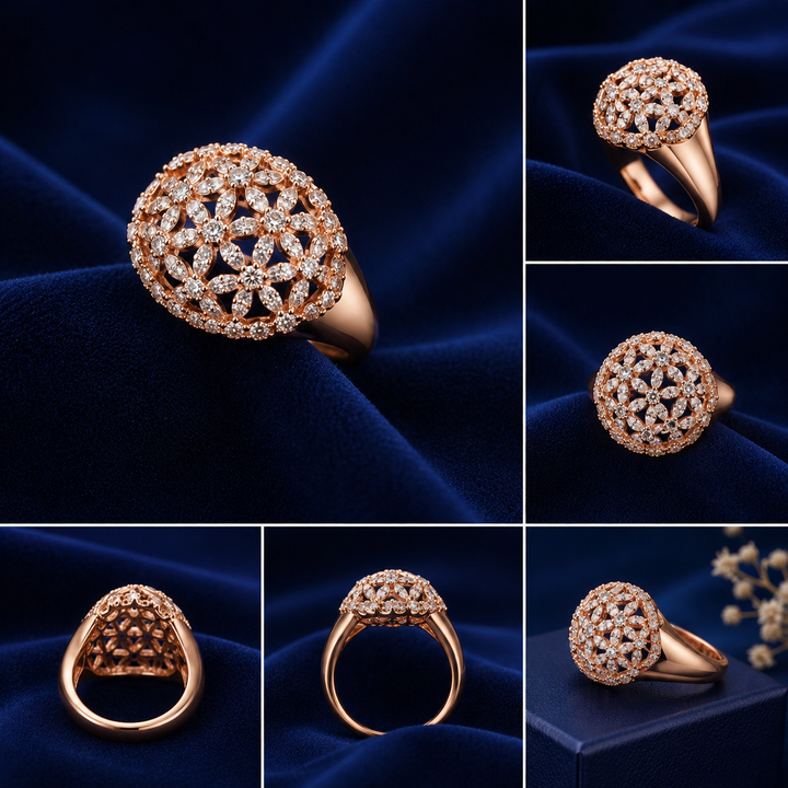Sterling Silver Rose Gold Floral Dome Ring for Women - Rose Gold Finish - front view