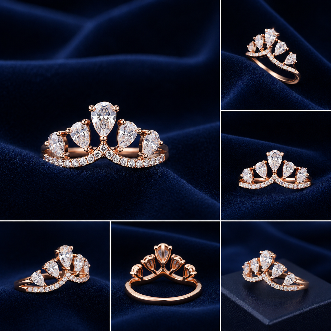 Sterling Silver Rose Gold Five-Petal Crown Ring for Women - Rose Gold Finish - front view