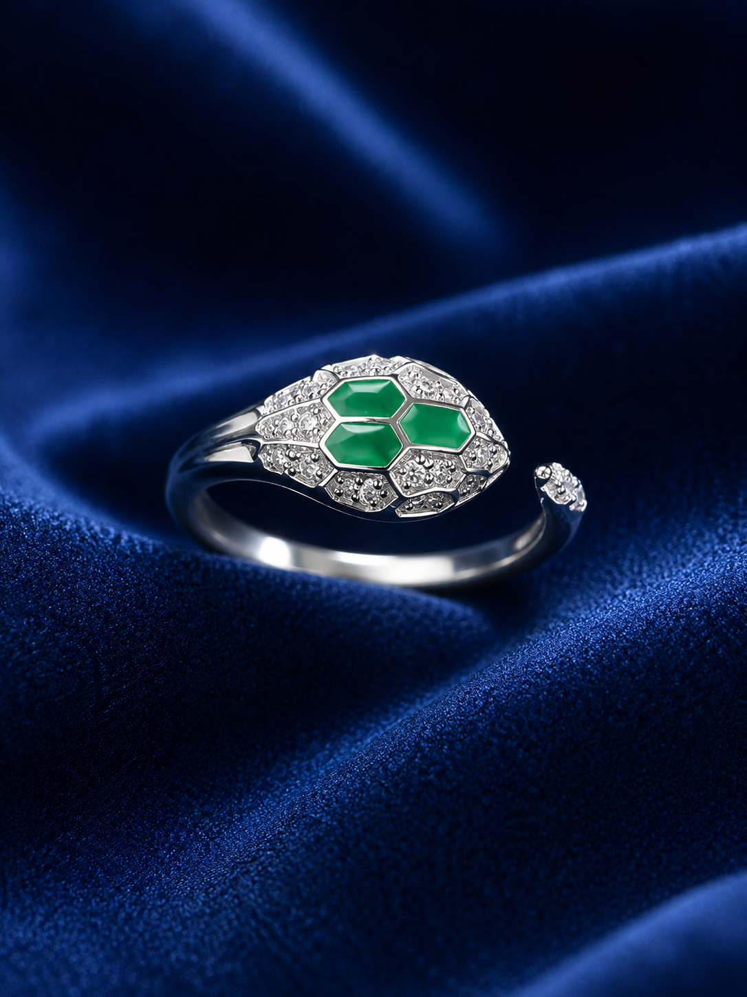 Sterling Silver Green Mosaic Floral Open Ring for Women - Silver Finish - front view