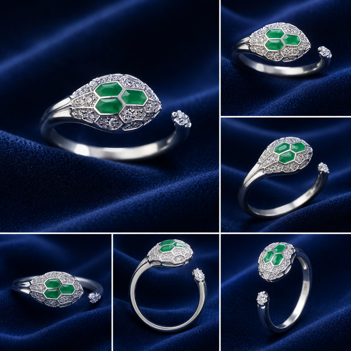 Sterling Silver Green Mosaic Floral Open Ring for Women - Silver Finish - alternate view 2