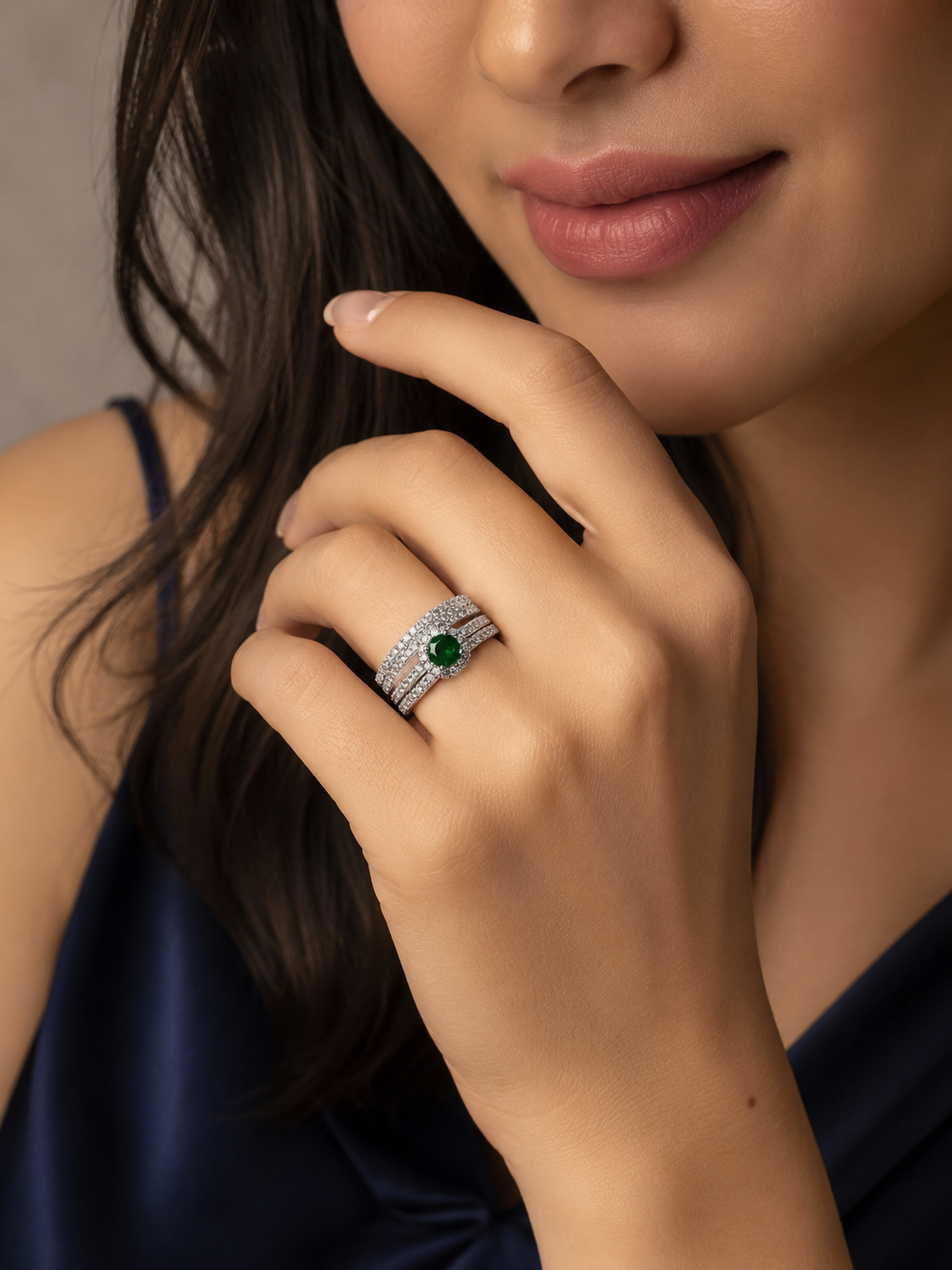 Sterling Silver Green Emerald Halo Stack Ring for Women - Silver Finish - front view