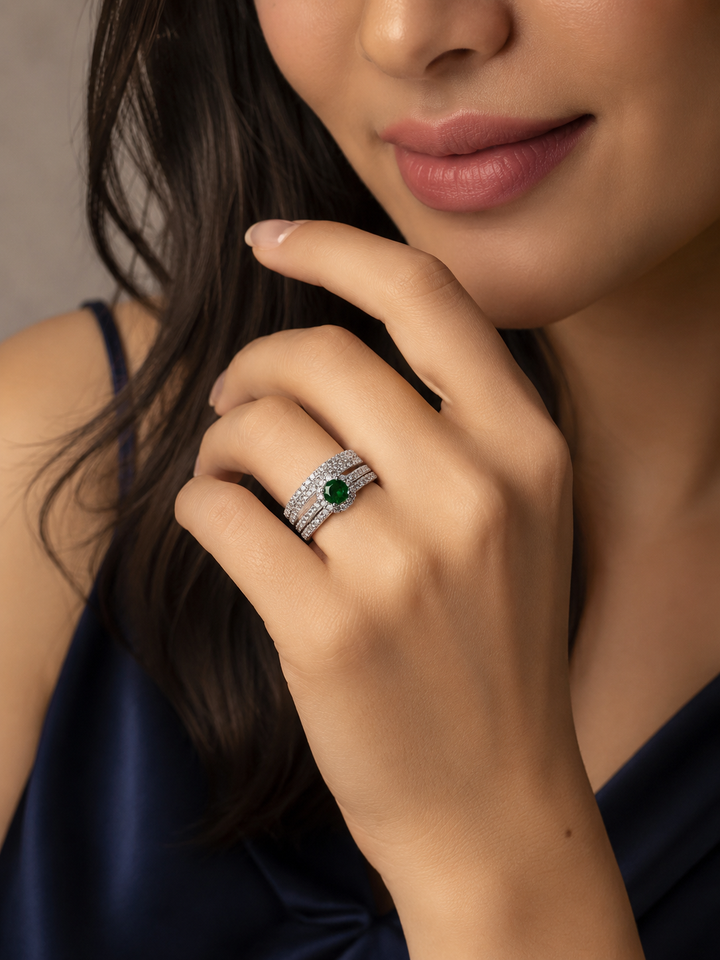 Sterling Silver Green Emerald Halo Stack Ring for Women - Silver Finish - front view