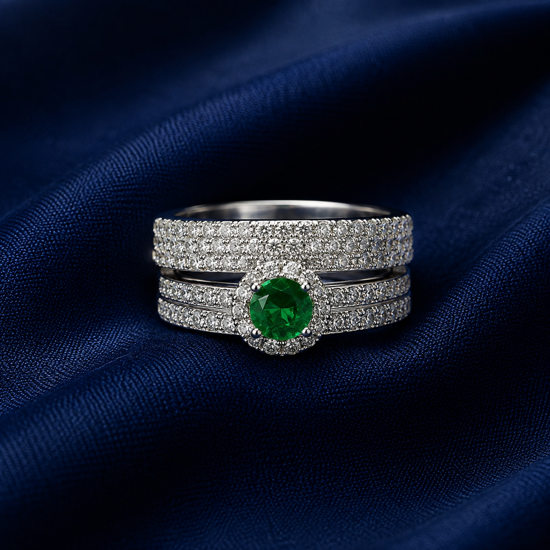 Sterling Silver Green Emerald Halo Stack Ring for Women - Silver Finish - alternate view 2