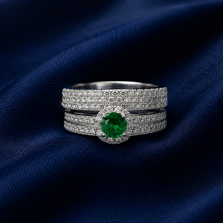 Sterling Silver Green Emerald Halo Stack Ring for Women - Silver Finish - alternate view 2