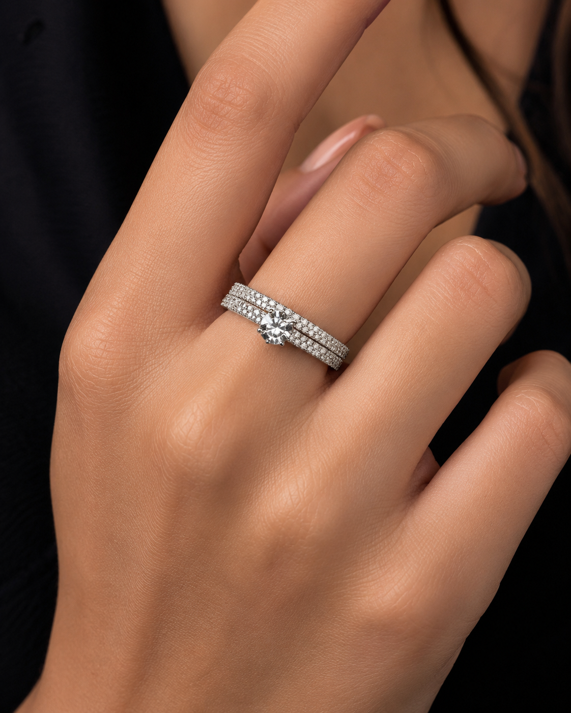 Sterling Silver Three-Row Pavé Stack Band for Women - Silver Finish - front view
