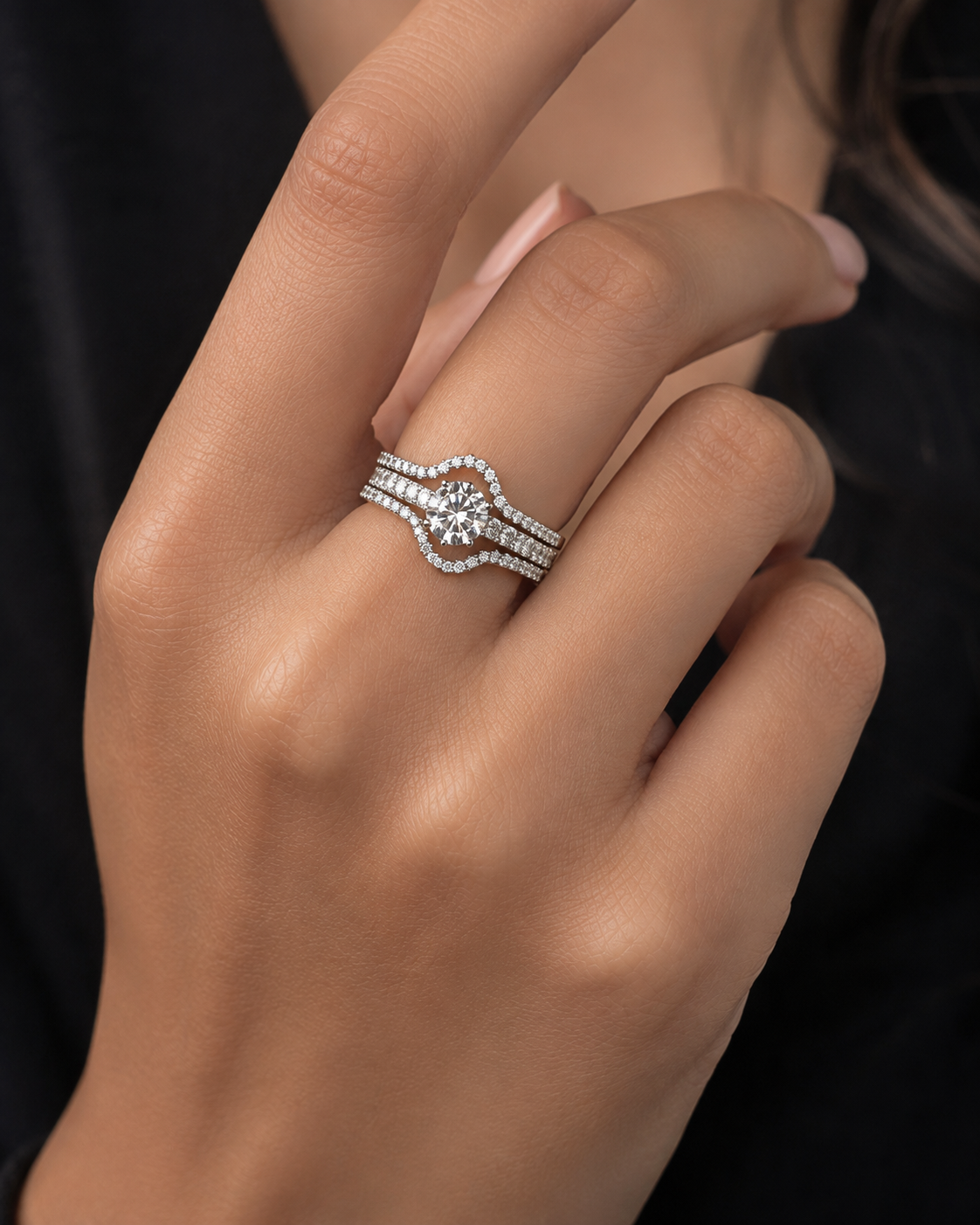 Sterling Silver Chevron Pavé Stack Ring for Women - Silver Finish - front view