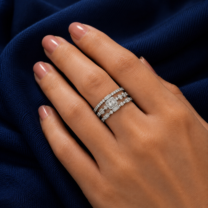 Sterling Silver Baguette and Round Stack Ring for Women - Silver Finish - alternate view 2