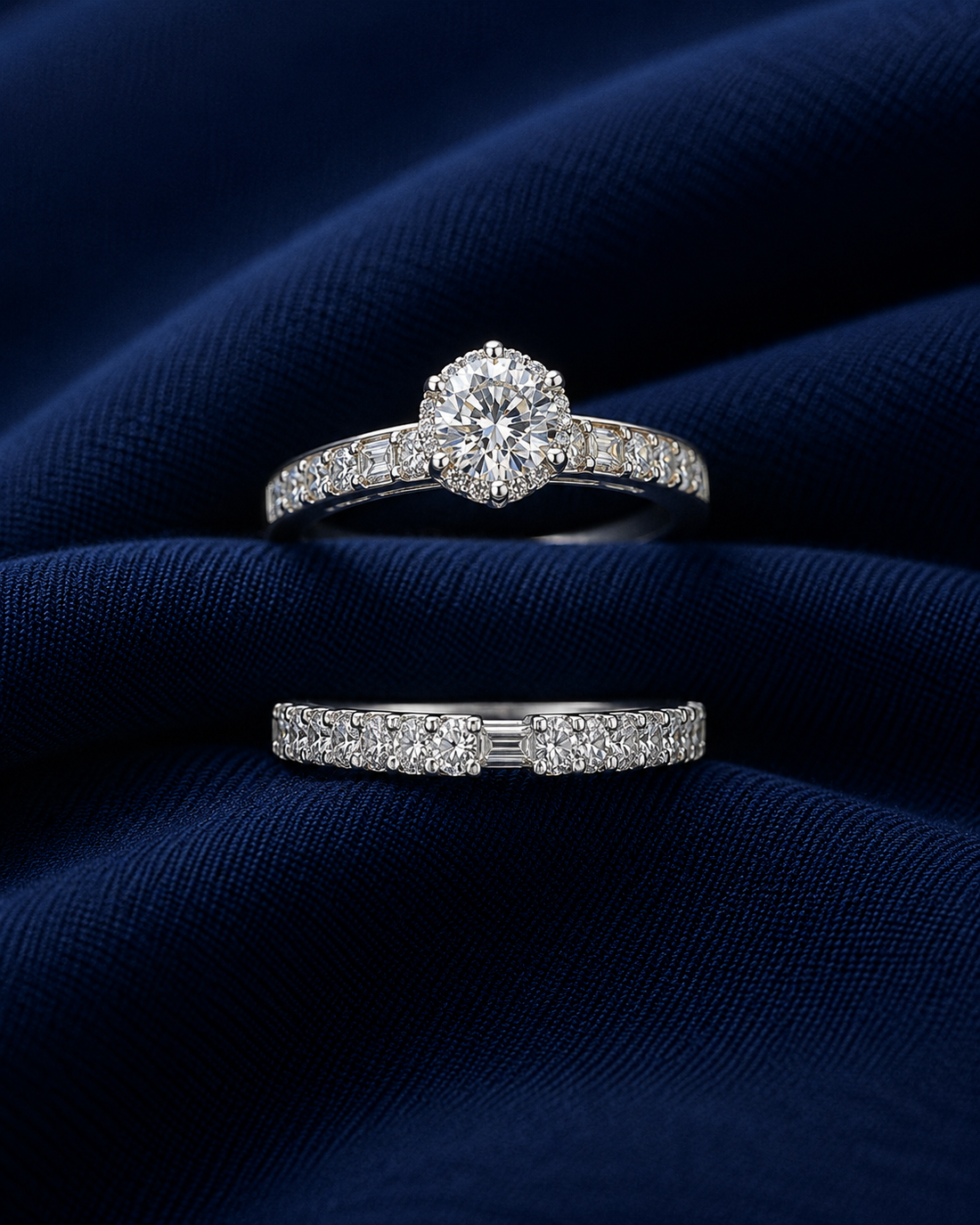 Sterling Silver Round Halo and Baguette Stack for Women - Silver Finish - front view