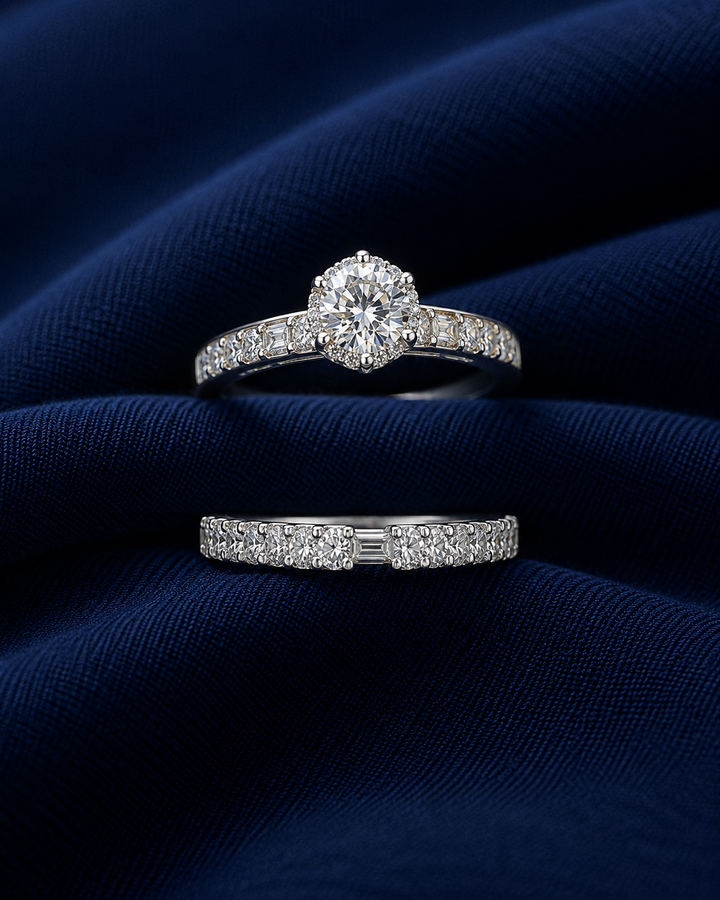 Sterling Silver Round Halo and Baguette Stack for Women - Silver Finish - front view