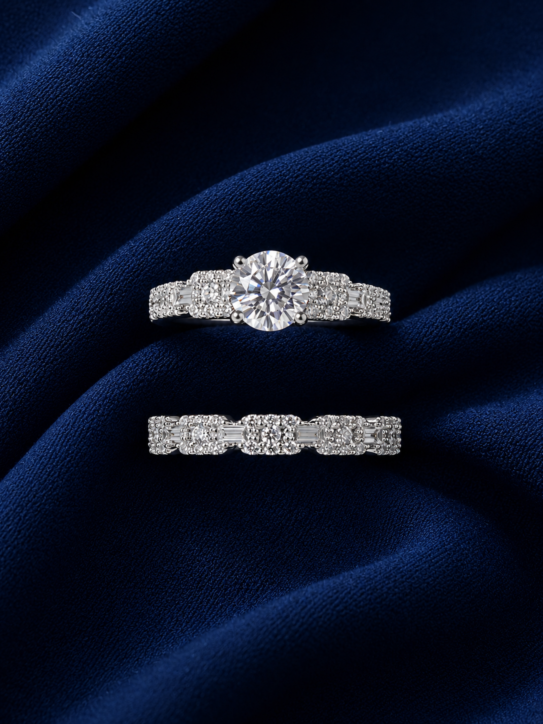 Sterling Silver Three-Stone Bridal Stack Ring for Women - Silver Finish - front view