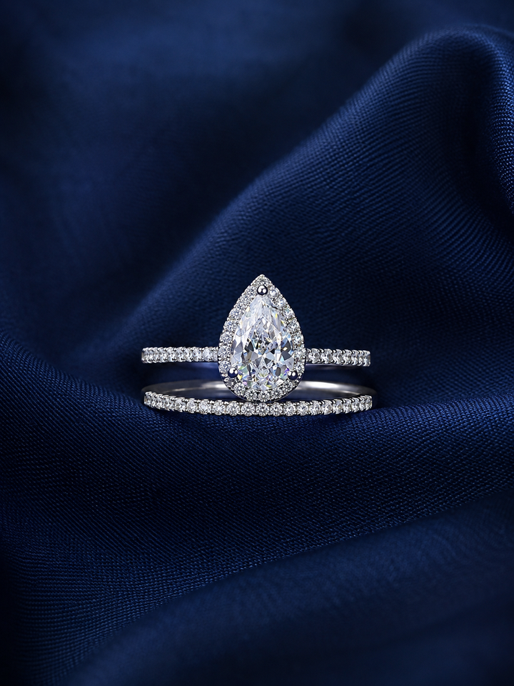 Sterling Silver Pear Solitaire and Eternity Stack for Women - Silver Finish - front view
