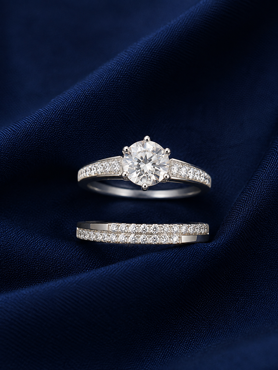 Sterling Silver Round Solitaire Double-Band Set for Women - Silver Finish - front view