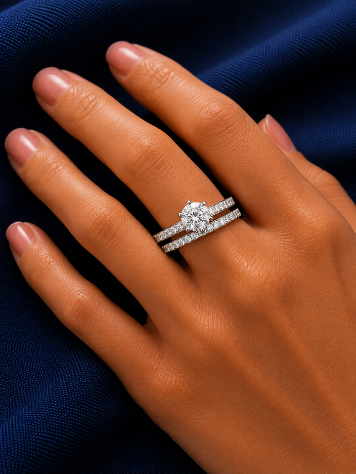 Sterling Silver Round Solitaire Double-Band Set for Women - Silver Finish - alternate view 2